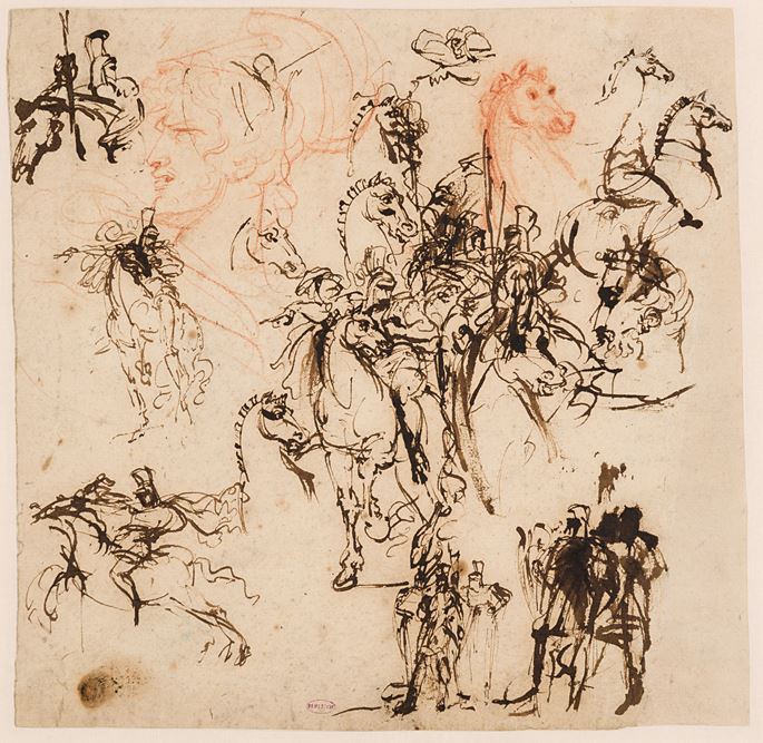 Antoine-Jean GROS - Sheet of Studies of Horses and Mounted Soldiers, the Head of a Helmeted Warrior and other Figures | MasterArt